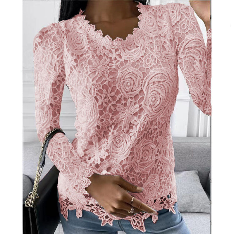 Plus Size Women's Solid Lace Top, Floral Pattern Round Neck Long Sleeve Blouse For Spring And Fall