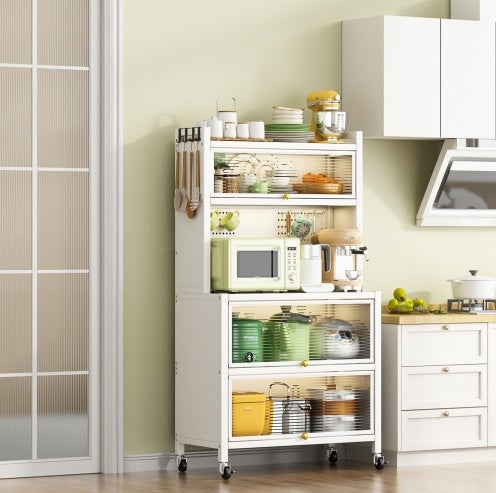 Heavy-Duty White Metal Storage Shelves – Vertical Cabinet Organizer with Double Doors, Smooth Rolling Wheels & 250KG Weight Capacity