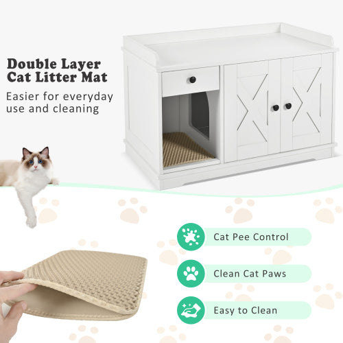 GO Cat Litter Box Enclosure – Hidden Litter Box Furniture with Storage Drawer, Built-In Litter Mat, Farmhouse Cat House Side Table for Living Rooms – White MDF Pet Cabinet