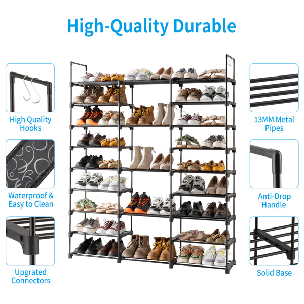 TIMEBAL 9-Tier Shoe Rack Organizer with Hooks – Holds Up to 50 Pairs, Adjustable Height, Durable Metal & Waterproof PP Shelves for Entryway, Closet & Bedroom