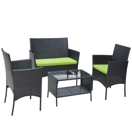 4 PC Rattan Patio Furniture Set with Cushioned Seating | Outdoor Wicker Sofa Set with Tempered Glass Table