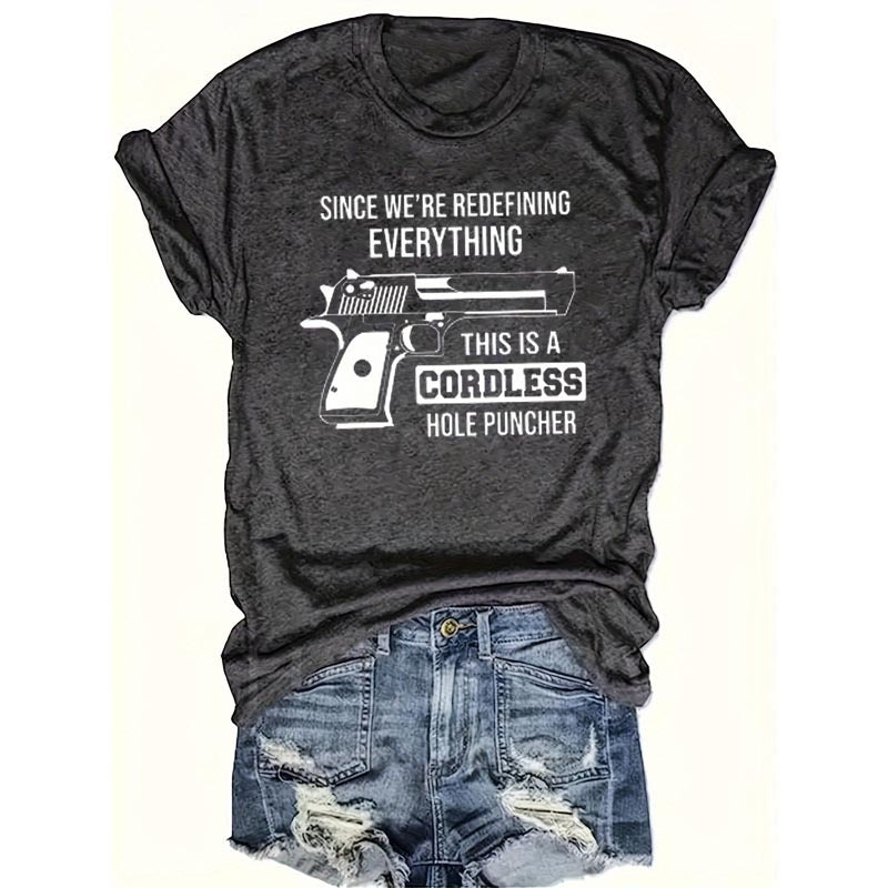 Women's Casual Crew Neck T-Shirt With Guns And Letters Graphic Print Short Sleeve Summer Top