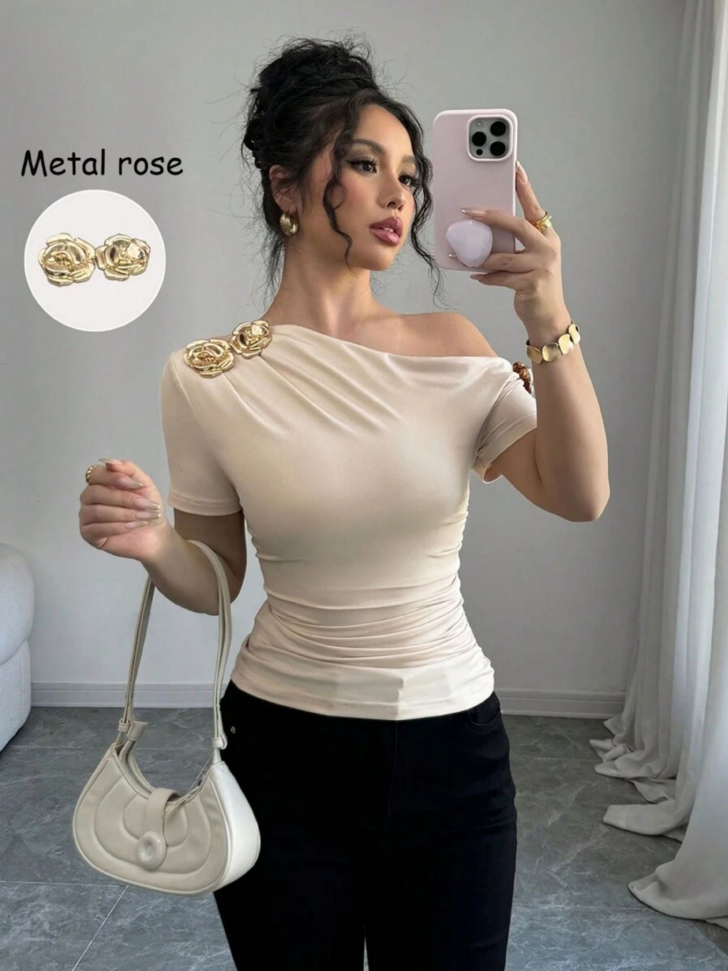 Shoulder Metal Decorative Pleating Short-sleeved T-shirt