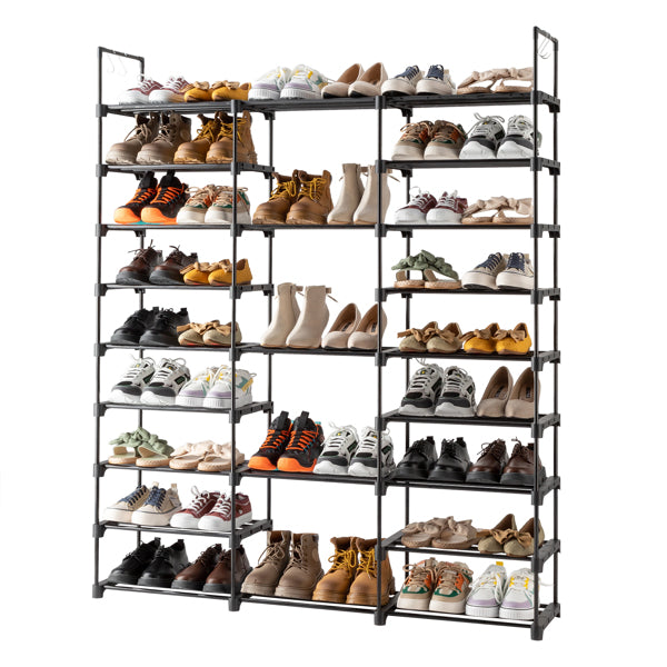TIMEBAL 9-Tier Shoe Rack Organizer with Hooks – Holds Up to 50 Pairs, Adjustable Height, Durable Metal & Waterproof PP Shelves for Entryway, Closet & Bedroom