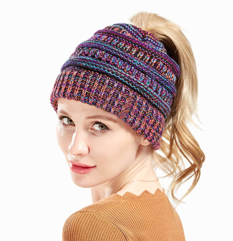 Women’s Mixed-Color Knitted Wool Hat – Ponytail Beanie Winter Cap