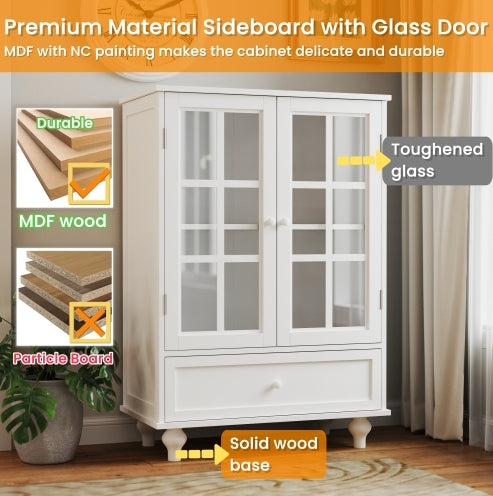 Minimalist White Buffet Cabinet with Glass Doors & Drawer | Modern Wooden Sideboard for Living & Dining Room