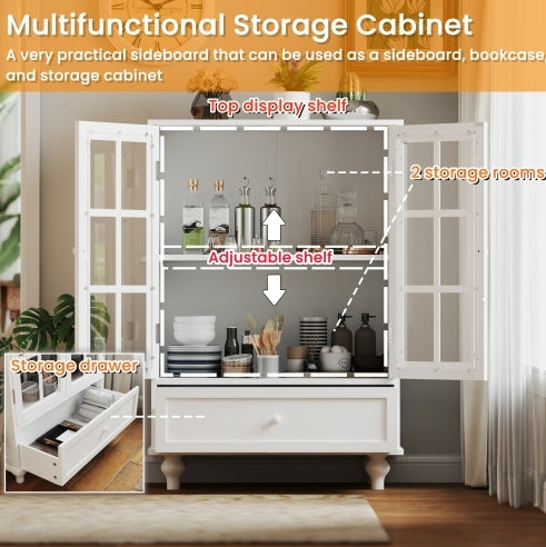 Minimalist White Buffet Cabinet with Glass Doors & Drawer | Modern Wooden Sideboard for Living & Dining Room