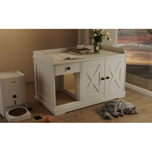 GO Cat Litter Box Enclosure – Hidden Litter Box Furniture with Storage Drawer, Built-In Litter Mat, Farmhouse Cat House Side Table for Living Rooms – White MDF Pet Cabinet