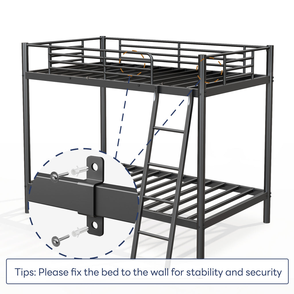 Loft Bunk Bed Twin Over Twin with Ladder & Guardrail – Heavy Duty Metal Frame with Slat Support, No Box Spring Needed | Space-Saving Bedroom & Dorm Furniture, Black