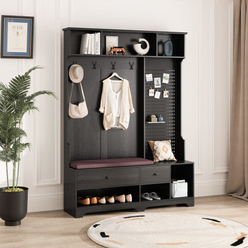 Multi-Functional Black Hallway Storage Rack with Removable Linen Cushioned Bench, Coat Rack, DIY Pegboard & Ample Shelving for Entryway & Living Room