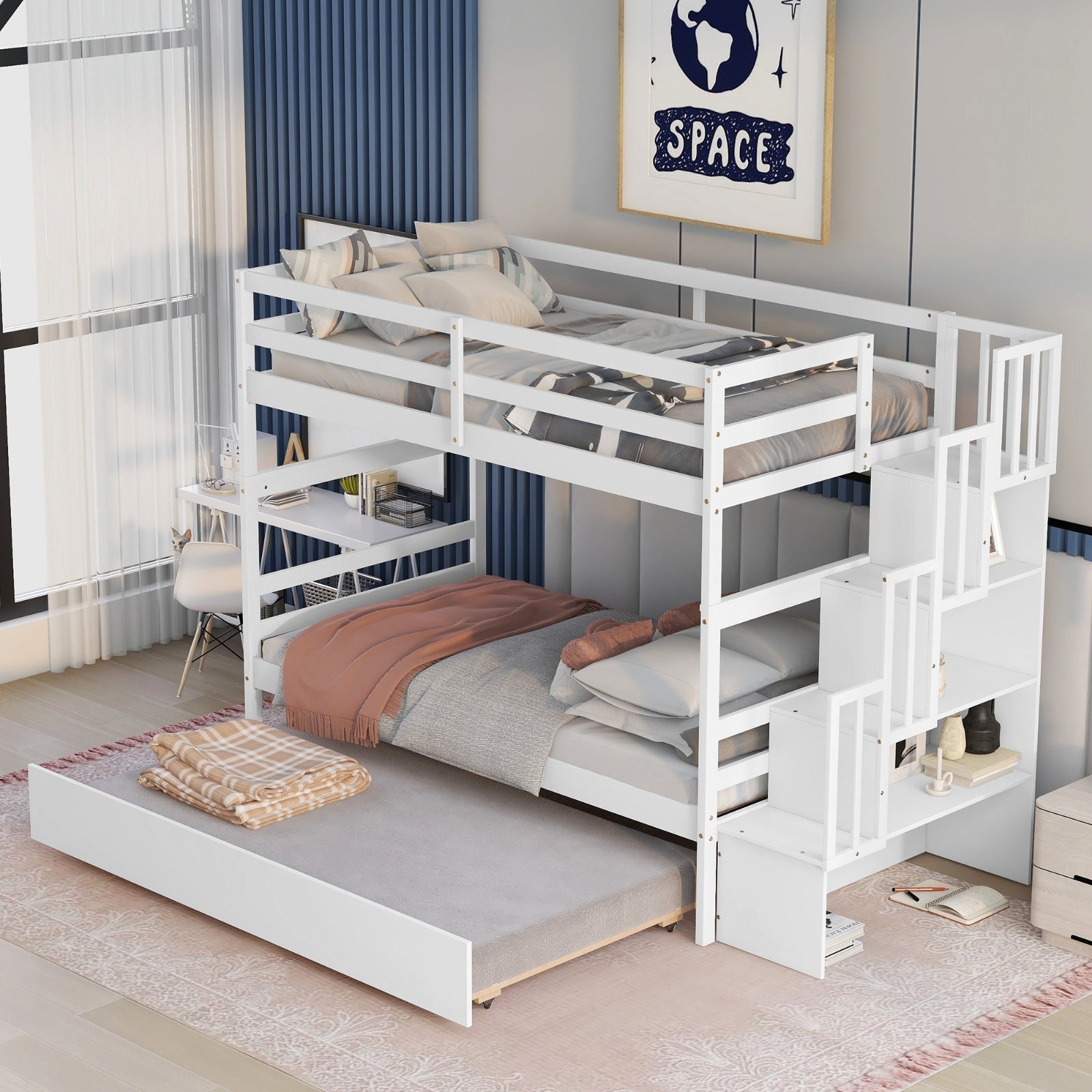 White Twin Over Twin Bunk Beds with Trundle & Stairway Storage – Pine Wood Frame, Safe Guardrails, Space-Saving Design