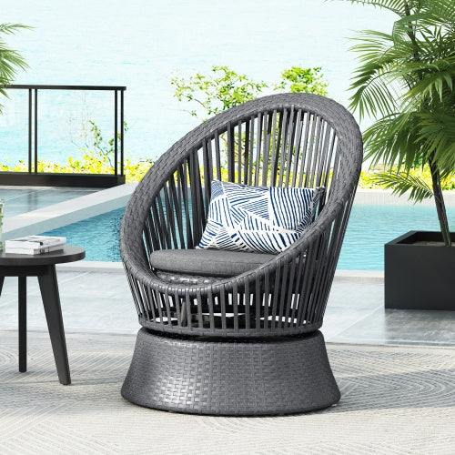 26.7" Modern Gray Wicker Lounge Chair – Round Rattan & Iron Frame Accent Chair for Living Room, Patio, Balcony & Outdoor Relaxation