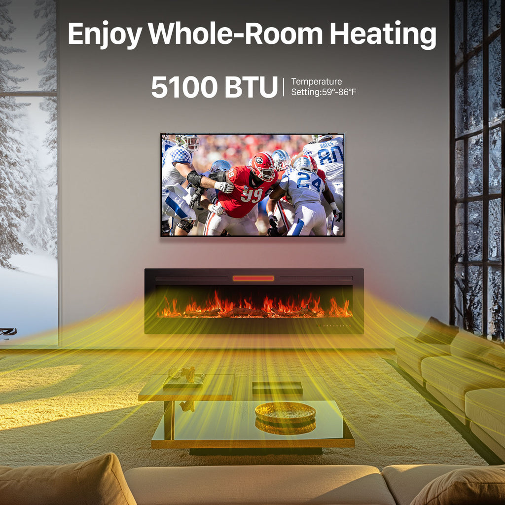Electric Fireplace Heater with Remote Control – Wall-Mounted, Recessed, or Freestanding | 750W/1500W Heat, 169 Flame Color Combinations, Sleep & Recreation Modes (36" / 50" / 60")