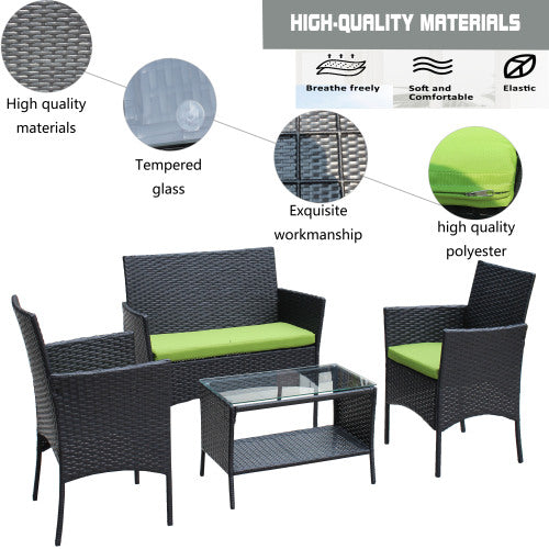 4 PC Rattan Patio Furniture Set with Cushioned Seating | Outdoor Wicker Sofa Set with Tempered Glass Table
