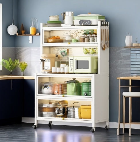 Heavy-Duty White Metal Storage Shelves – Vertical Cabinet Organizer with Double Doors, Smooth Rolling Wheels & 250KG Weight Capacity