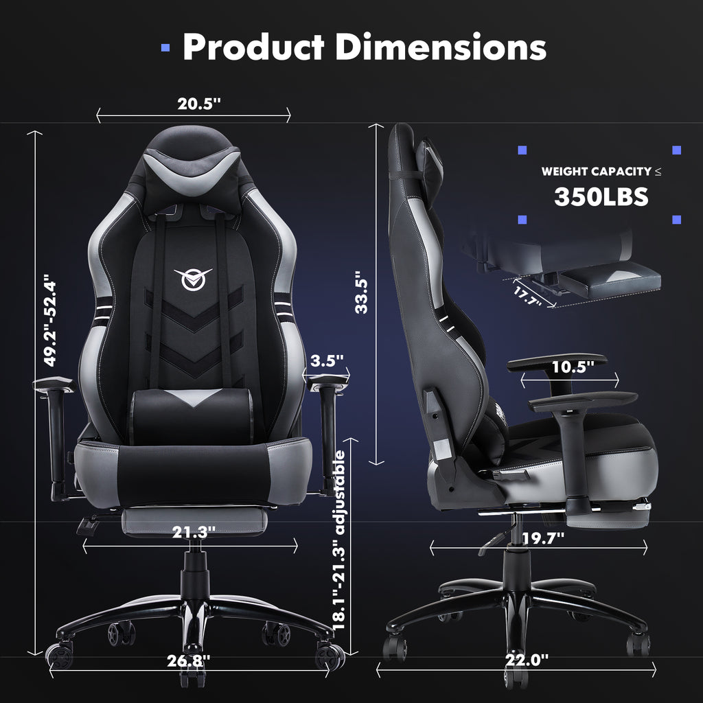 Aesthetic Tall Gaming Chair with Footrest – 350lb Capacity, Ergonomic Racing-Style Computer Chair for Long-Hour Comfort