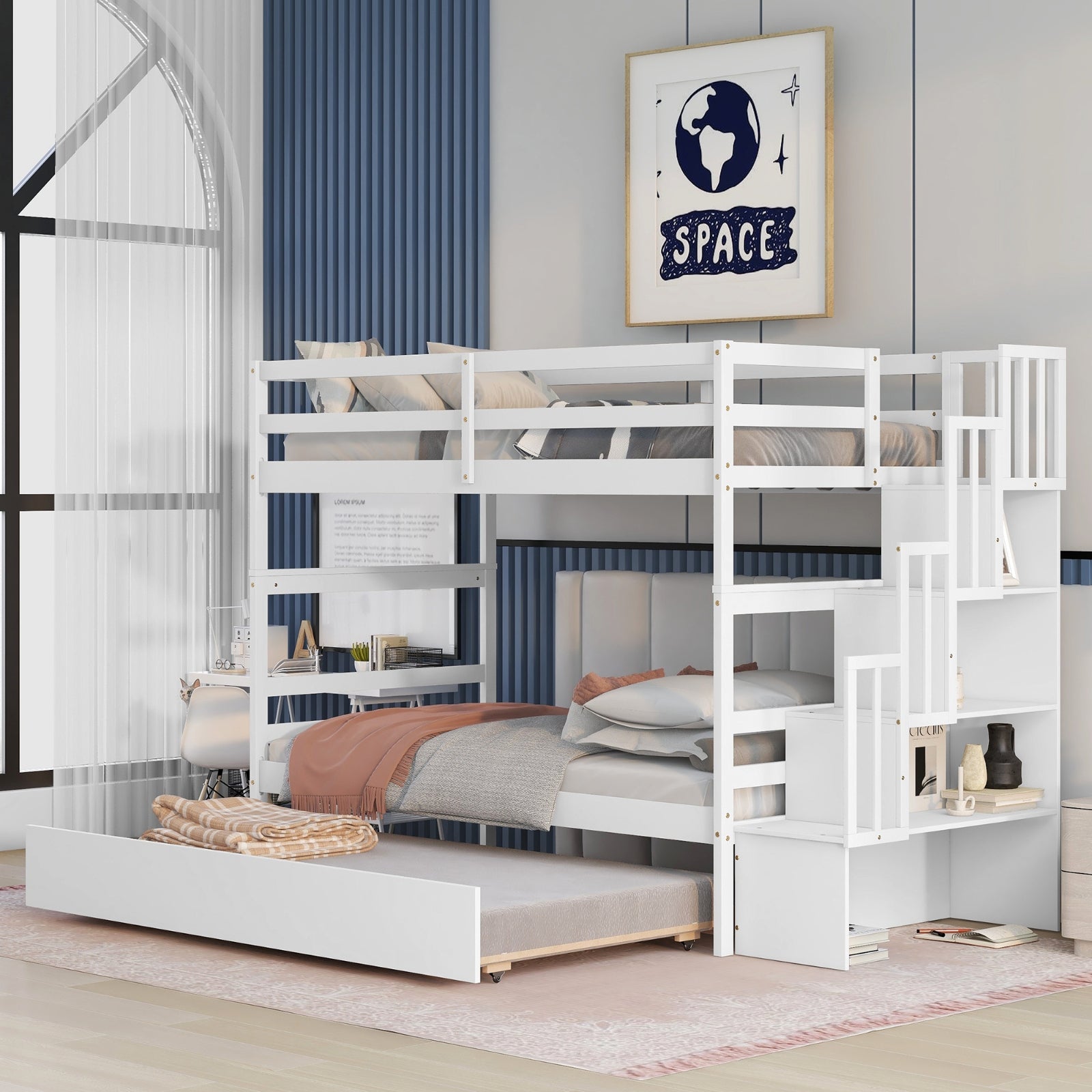 White Twin Over Twin Bunk Beds with Trundle & Stairway Storage – Pine Wood Frame, Safe Guardrails, Space-Saving Design