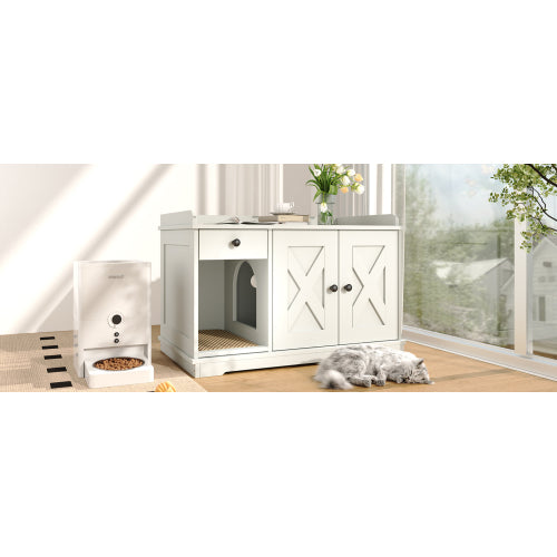 GO Cat Litter Box Enclosure – Hidden Litter Box Furniture with Storage Drawer, Built-In Litter Mat, Farmhouse Cat House Side Table for Living Rooms – White MDF Pet Cabinet