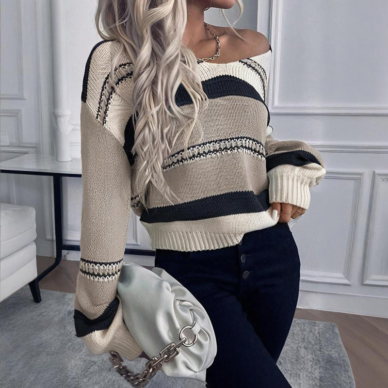 Women’s French Vintage Striped Sweater – V-Neck Long Sleeve Stretch Knit Top for Fall & Winter Layering