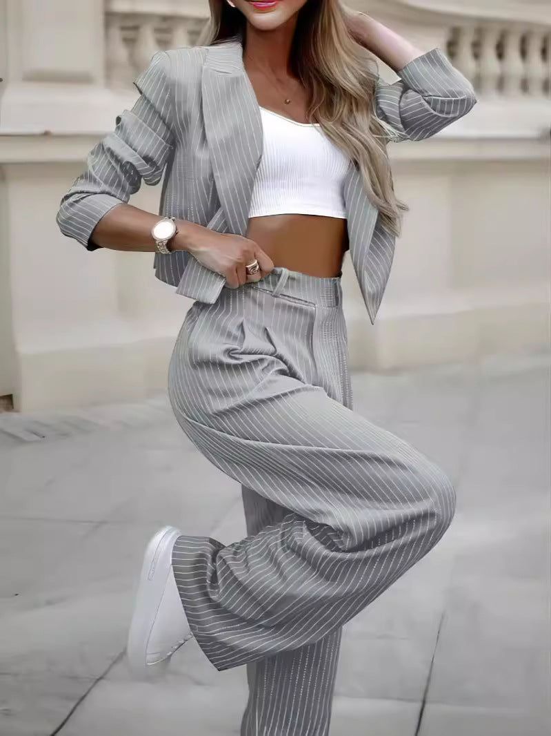 Women’s Spring Striped Suit Set – Casual Lapel Cropped Top & Straight-Leg Pants Outfit