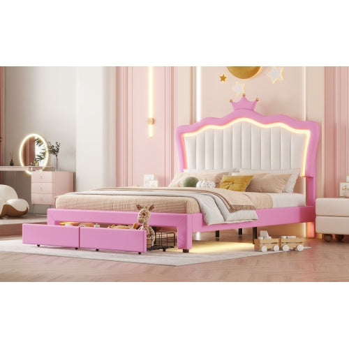 Full Size Upholstered Princess Bed Frame with LED Lights, Adjustable Crown Headboard & 2 Storage Drawers – Pink + White
