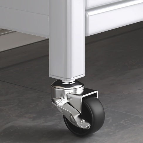 Heavy-Duty White Metal Storage Shelves – Vertical Cabinet Organizer with Double Doors, Smooth Rolling Wheels & 250KG Weight Capacity