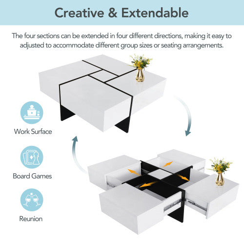 Unique Design Coffee Table with 4 Hidden Storage Compartments – Square Sliding-Top Cocktail Table, UV High-Gloss Modern Center Table (31.5" x 31.5")