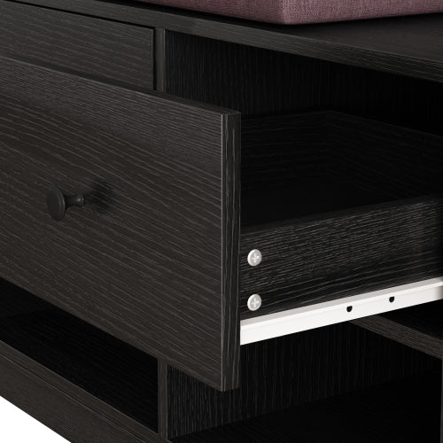 Multi-Functional Black Hallway Storage Rack with Removable Linen Cushioned Bench, Coat Rack, DIY Pegboard & Ample Shelving for Entryway & Living Room