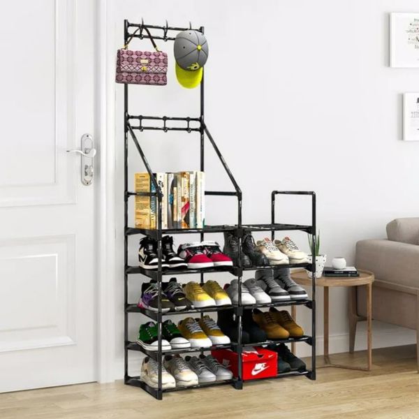 5-Tier Aesthetic Shoe Rack & Coat Organizer – Space-Saving Closet Storage with Hooks, 3-in-1 Entryway Stand