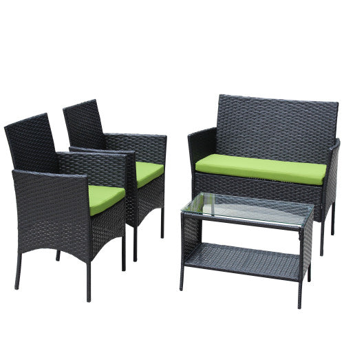 4 PC Rattan Patio Furniture Set with Cushioned Seating | Outdoor Wicker Sofa Set with Tempered Glass Table
