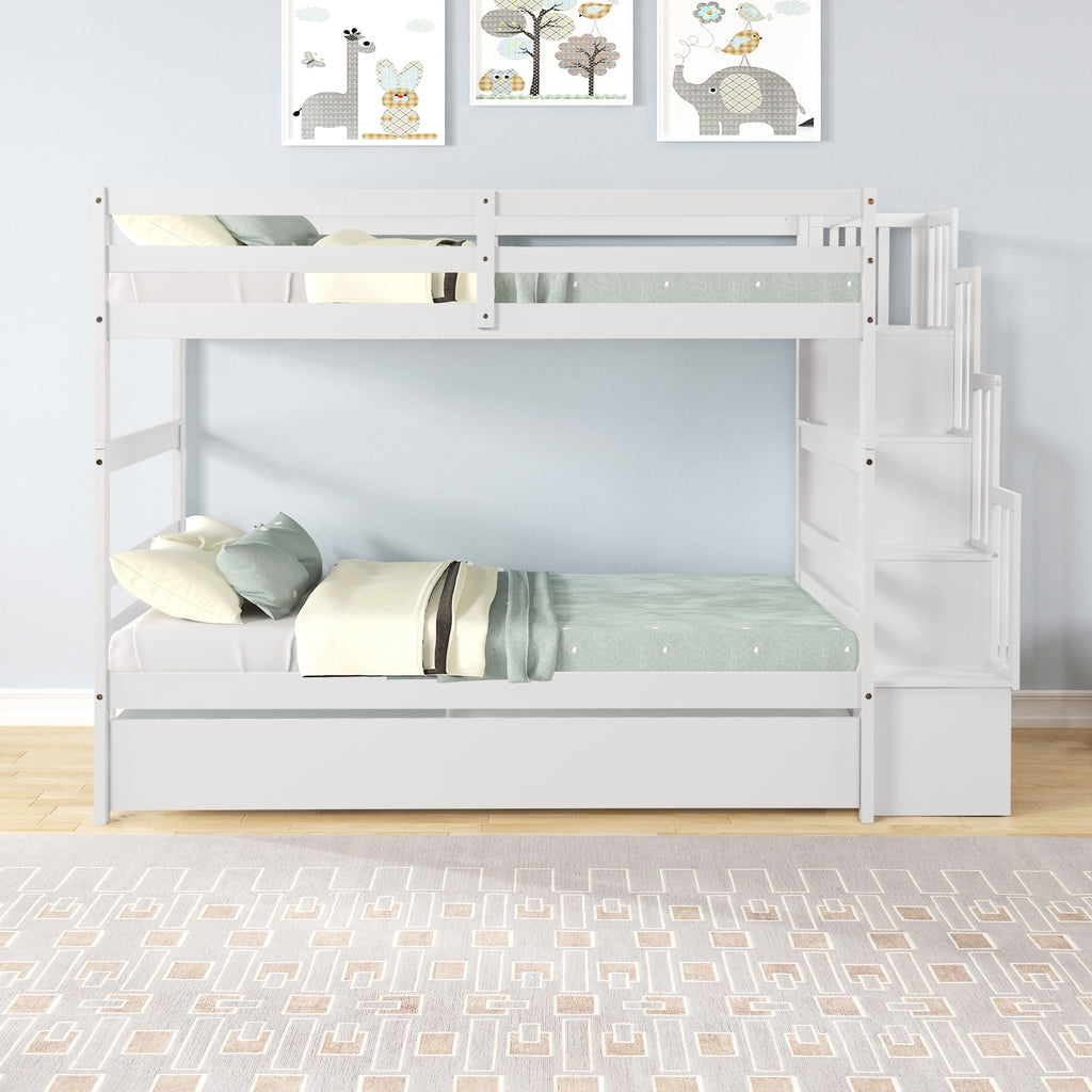 White Twin Over Twin Bunk Beds with Trundle & Stairway Storage – Pine Wood Frame, Safe Guardrails, Space-Saving Design