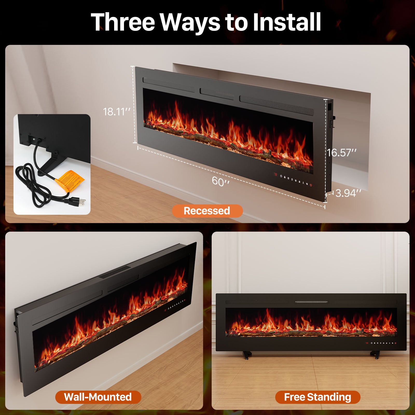 Electric Fireplace Heater with Remote Control – Wall-Mounted, Recessed, or Freestanding | 750W/1500W Heat, 169 Flame Color Combinations, Sleep & Recreation Modes (36" / 50" / 60")