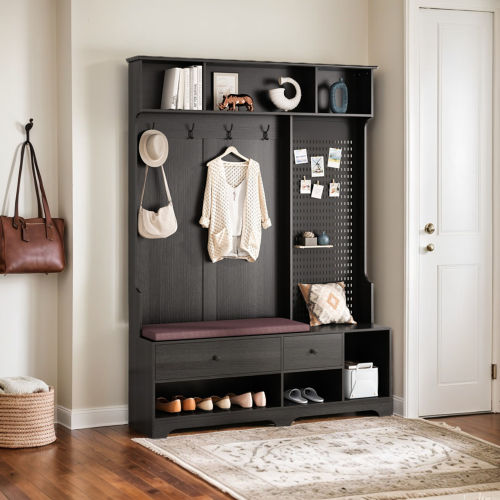 Multi-Functional Black Hallway Storage Rack with Removable Linen Cushioned Bench, Coat Rack, DIY Pegboard & Ample Shelving for Entryway & Living Room