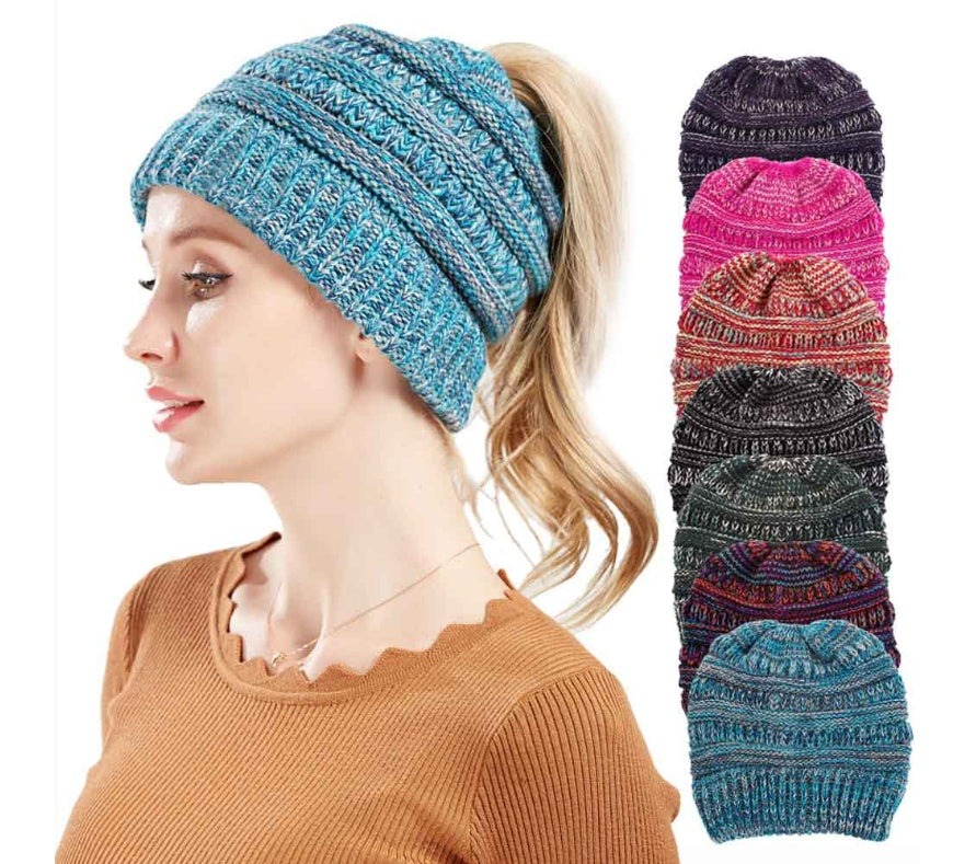 Women’s Mixed-Color Knitted Wool Hat – Ponytail Beanie Winter Cap