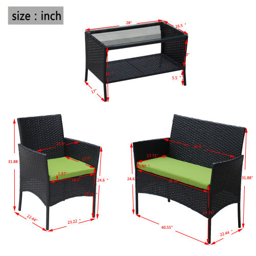 4 PC Rattan Patio Furniture Set with Cushioned Seating | Outdoor Wicker Sofa Set with Tempered Glass Table