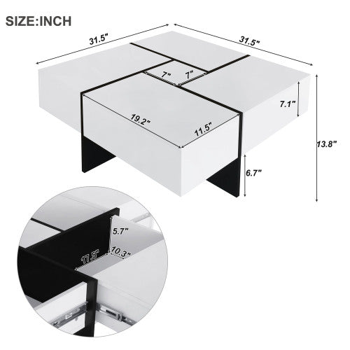 Unique Design Coffee Table with 4 Hidden Storage Compartments – Square Sliding-Top Cocktail Table, UV High-Gloss Modern Center Table (31.5" x 31.5")
