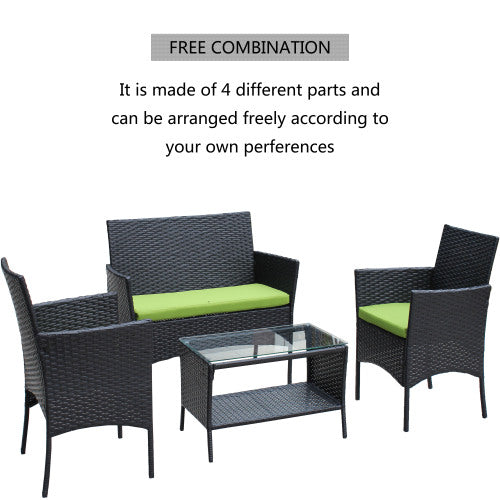 4 PC Rattan Patio Furniture Set with Cushioned Seating | Outdoor Wicker Sofa Set with Tempered Glass Table