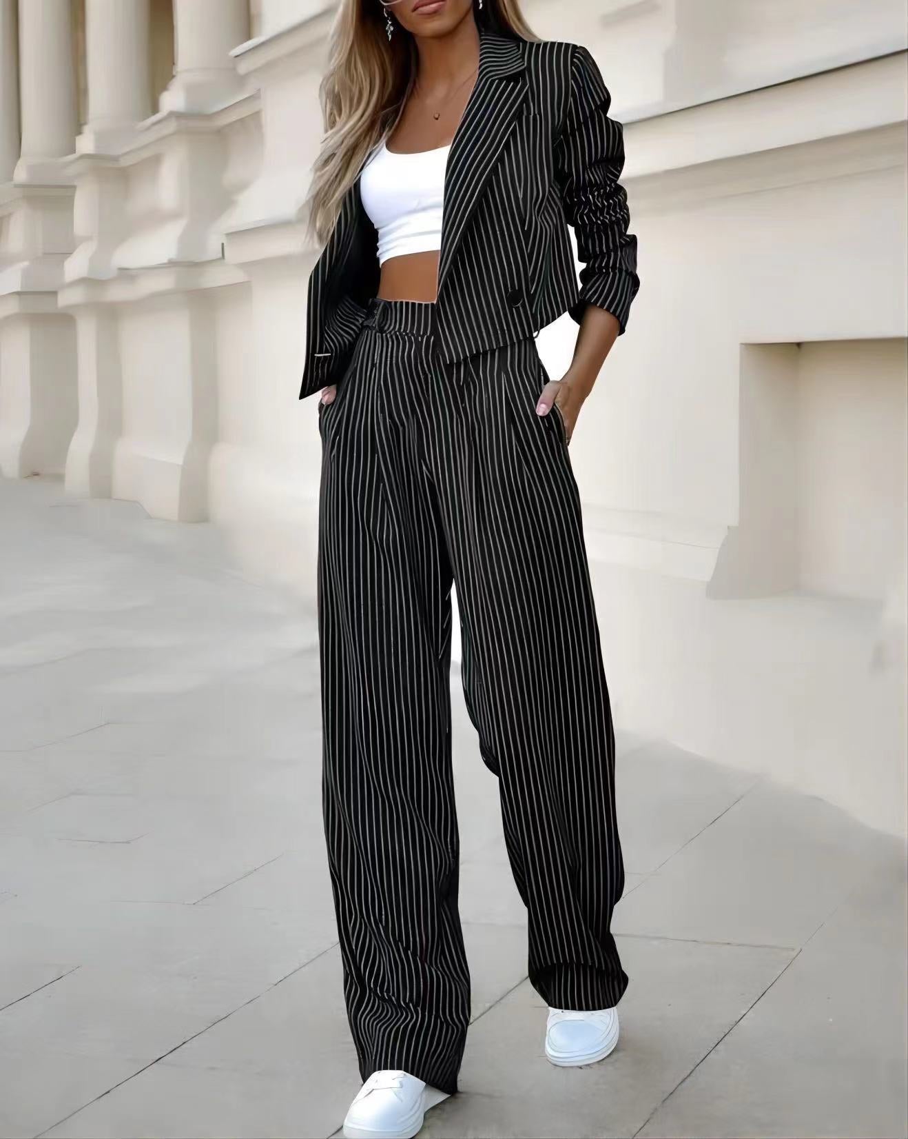Women’s Spring Striped Suit Set – Casual Lapel Cropped Top & Straight-Leg Pants Outfit