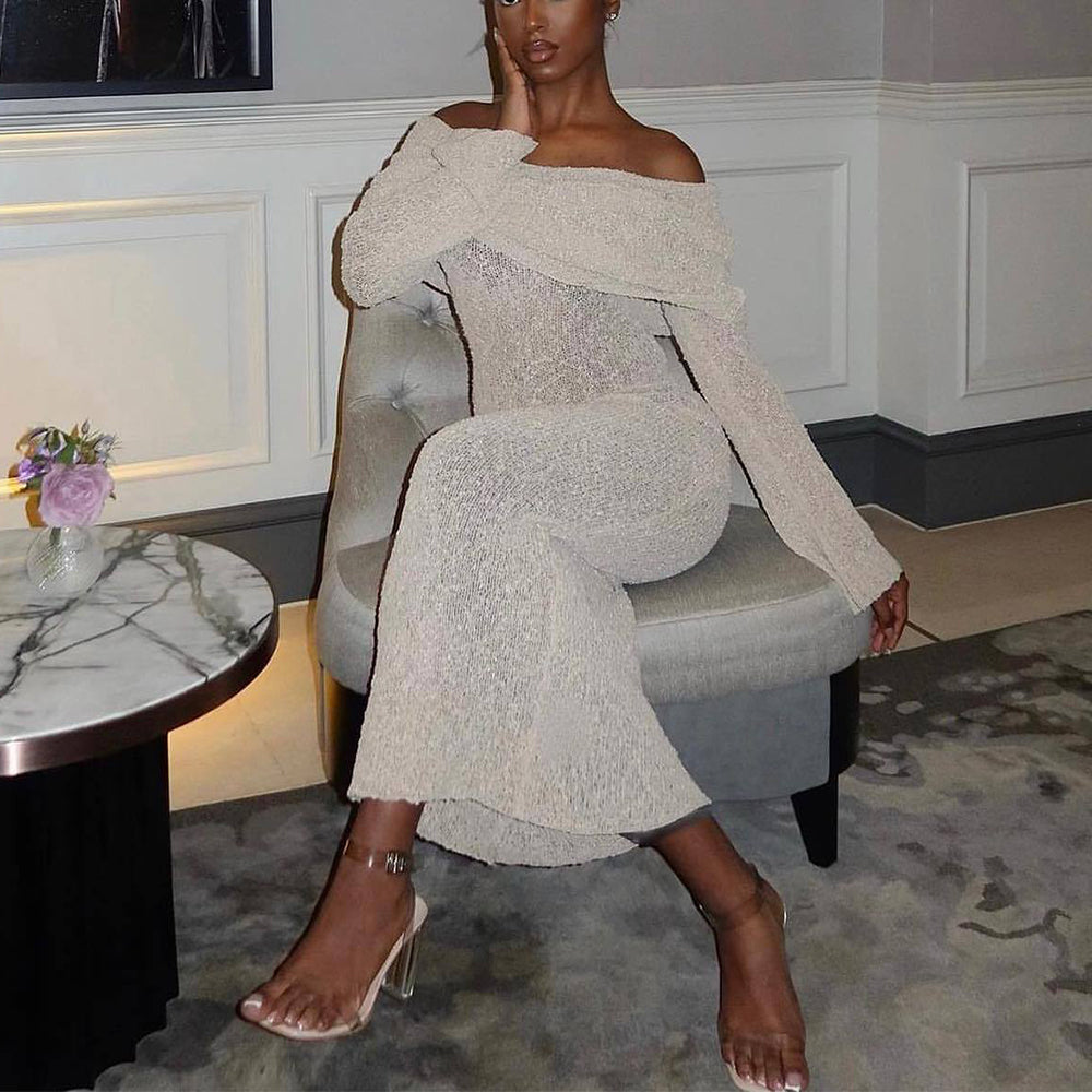 Women’s One-Shoulder Knitted Long-Sleeve Dress – Sexy Beach Holiday Maxi Dress