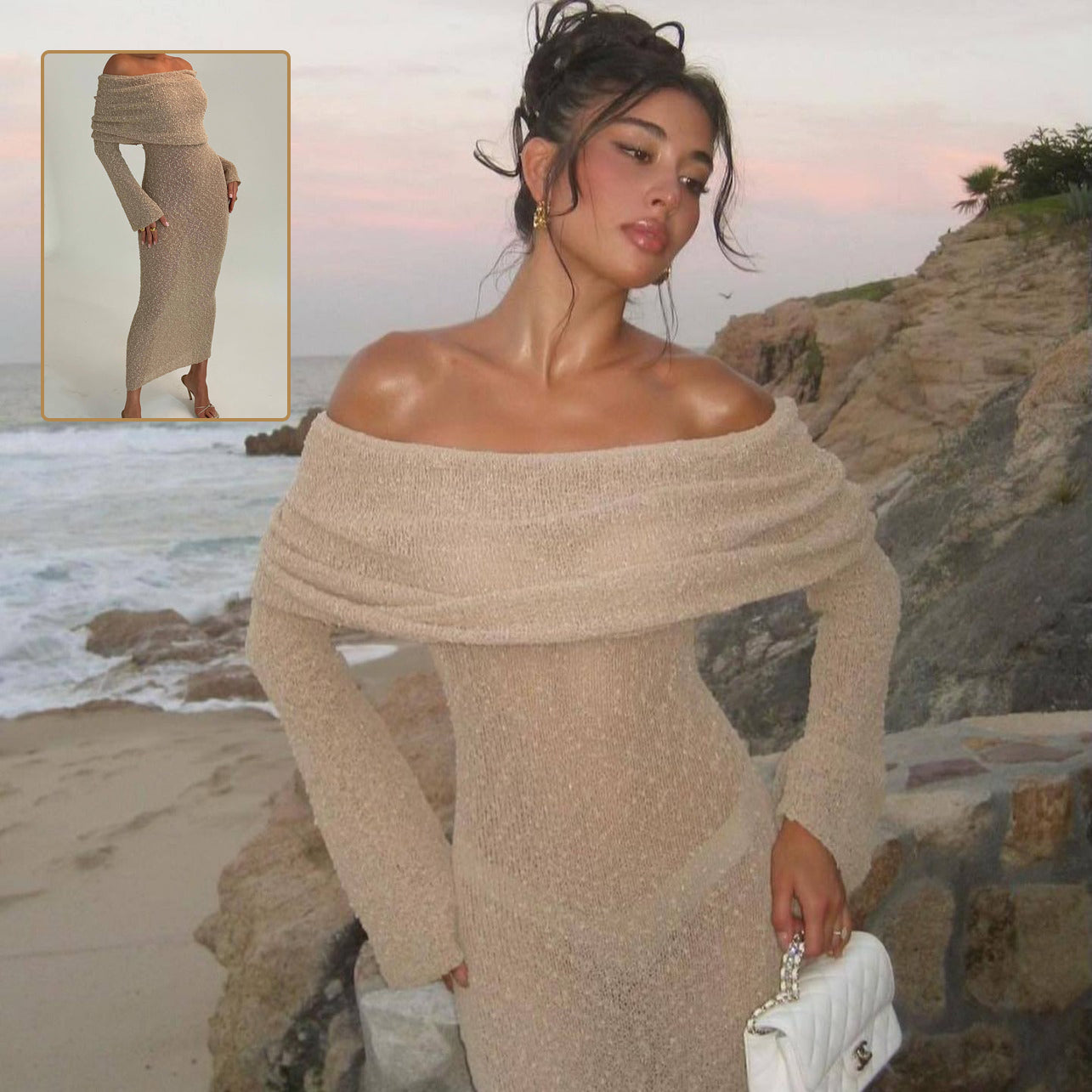 Women’s One-Shoulder Knitted Long-Sleeve Dress – Sexy Beach Holiday Maxi Dress