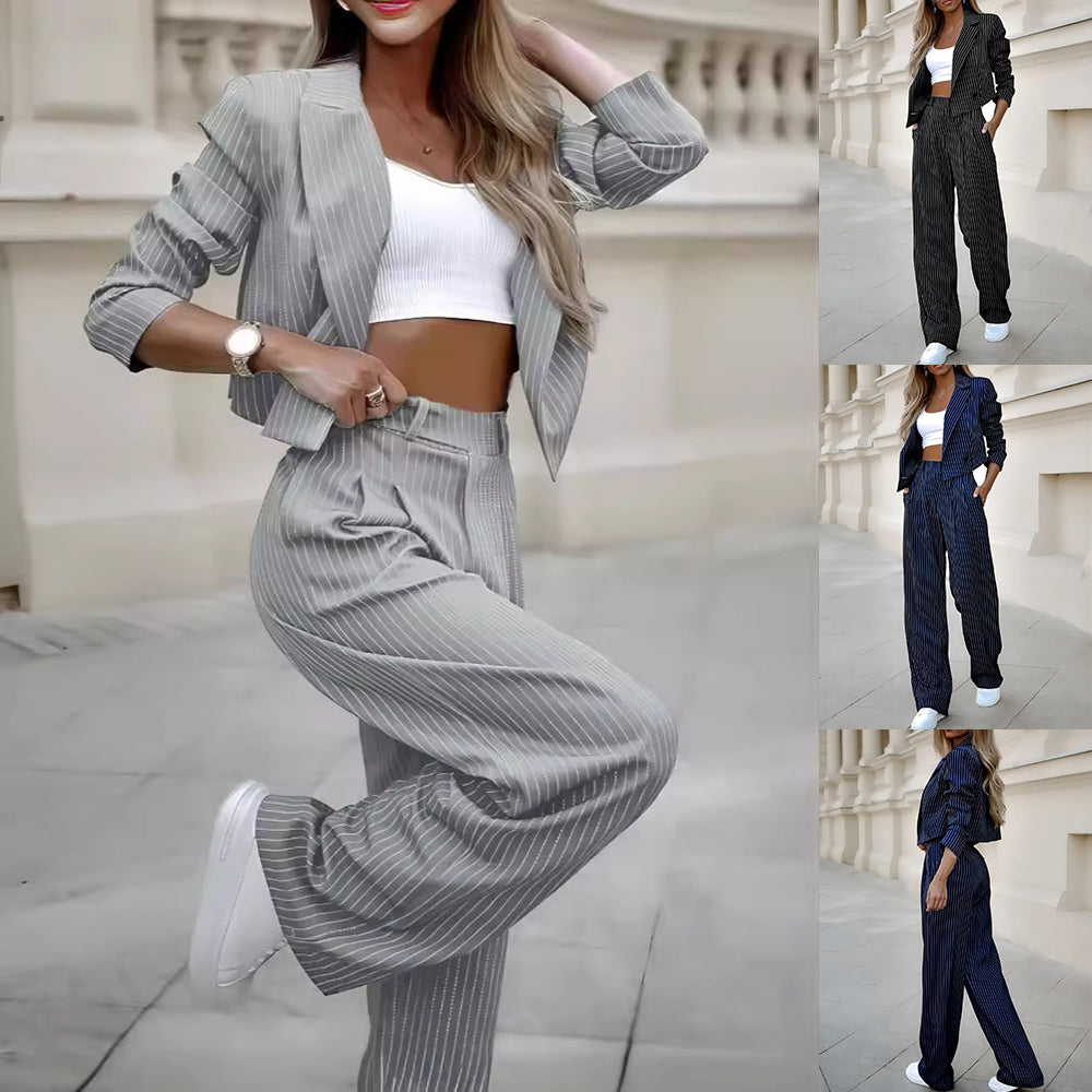 Women’s Spring Striped Suit Set – Casual Lapel Cropped Top & Straight-Leg Pants Outfit