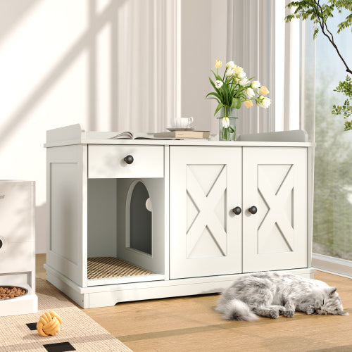GO Cat Litter Box Enclosure – Hidden Litter Box Furniture with Storage Drawer, Built-In Litter Mat, Farmhouse Cat House Side Table for Living Rooms – White MDF Pet Cabinet