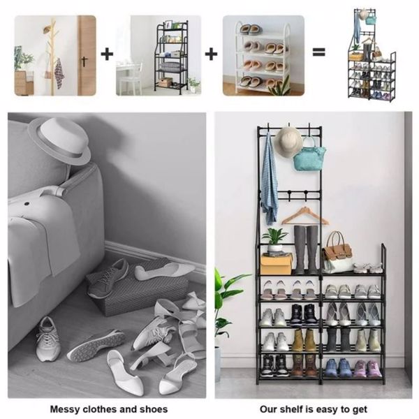 5-Tier Aesthetic Shoe Rack & Coat Organizer – Space-Saving Closet Storage with Hooks, 3-in-1 Entryway Stand