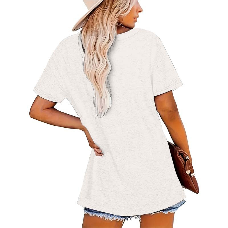 Women's V-Neck Letter Print Short Sleeve Tee - Summer Casual Top