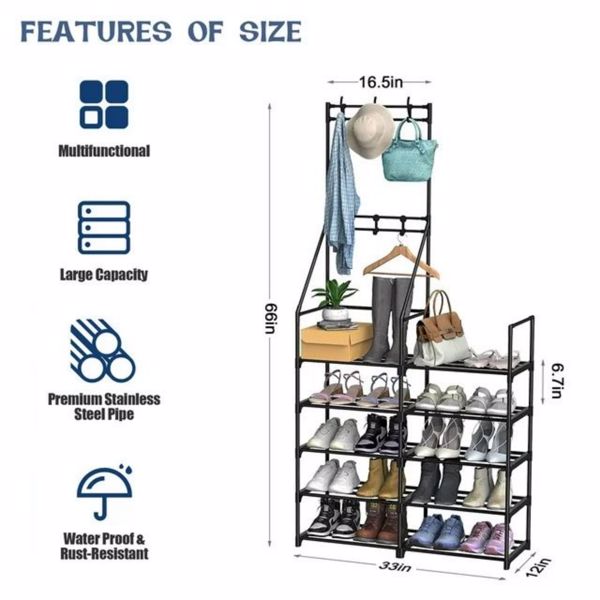 5-Tier Aesthetic Shoe Rack & Coat Organizer – Space-Saving Closet Storage with Hooks, 3-in-1 Entryway Stand