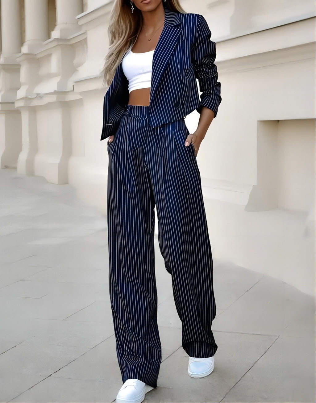 Women’s Spring Striped Suit Set – Casual Lapel Cropped Top & Straight-Leg Pants Outfit