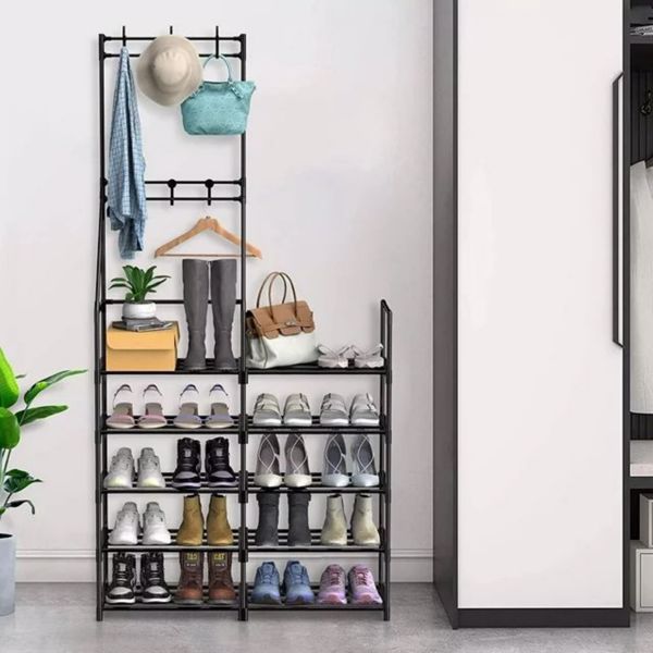 5-Tier Aesthetic Shoe Rack & Coat Organizer – Space-Saving Closet Storage with Hooks, 3-in-1 Entryway Stand