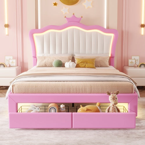 Full Size Upholstered Princess Bed Frame with LED Lights, Adjustable Crown Headboard & 2 Storage Drawers – Pink + White