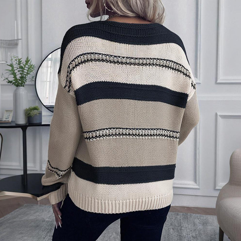 Women’s French Vintage Striped Sweater – V-Neck Long Sleeve Stretch Knit Top for Fall & Winter Layering
