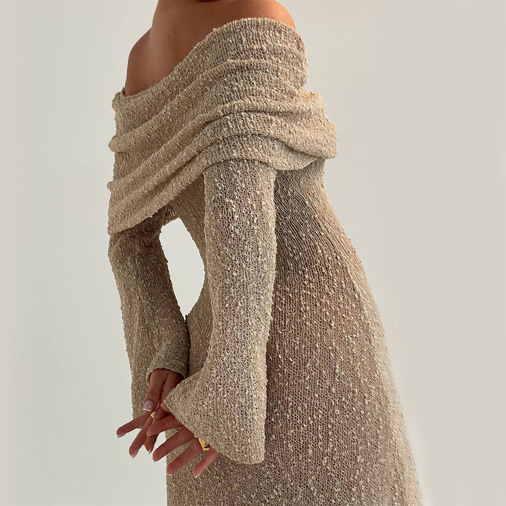 Women’s One-Shoulder Knitted Long-Sleeve Dress – Sexy Beach Holiday Maxi Dress